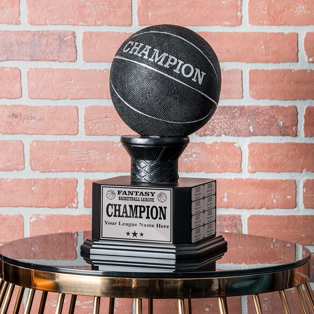 perpetual fantasy basketball trophy featuring a black basketball design