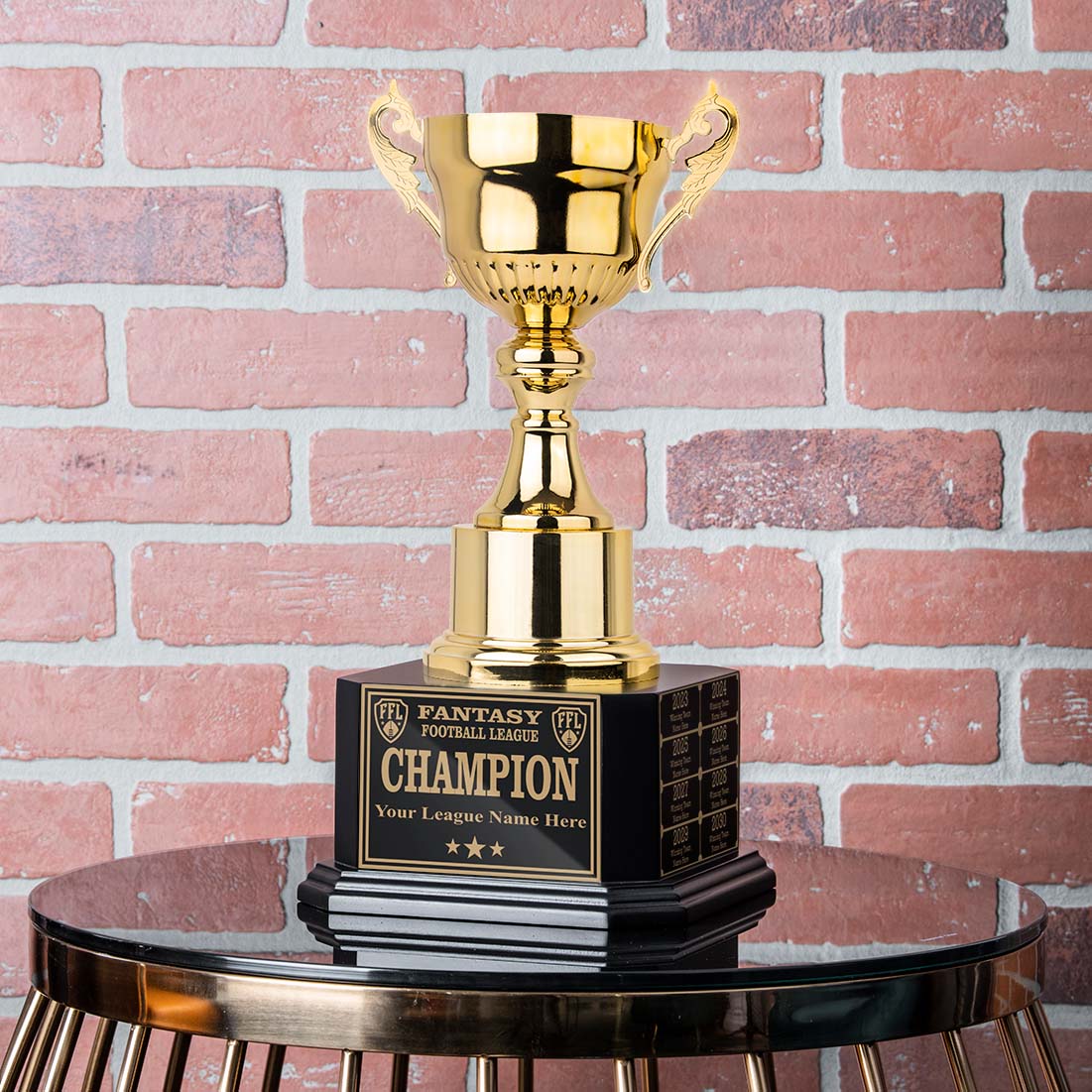 15-inch perpetual fantasy football trophy with a gold cup topper and engraved plates for league champions