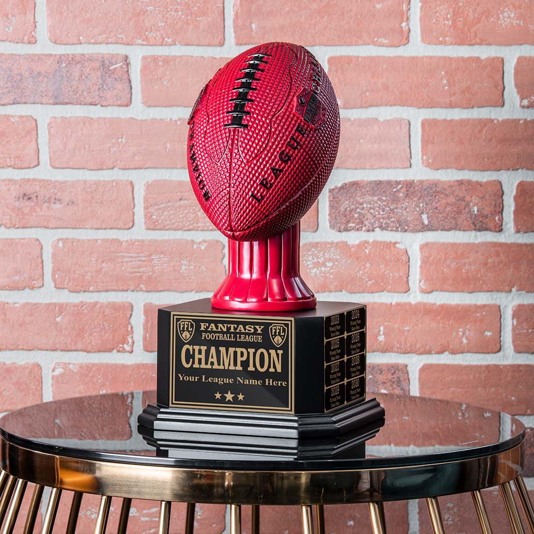 15-inch perpetual fantasy football trophy with a red football topper and customizable nameplates for annual winners