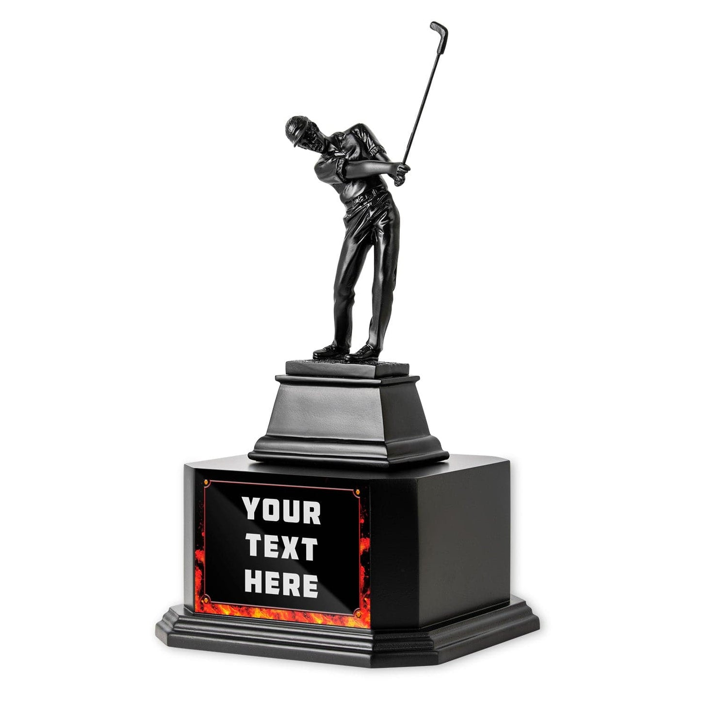 Custom golf square-base trophy with a silver and black design