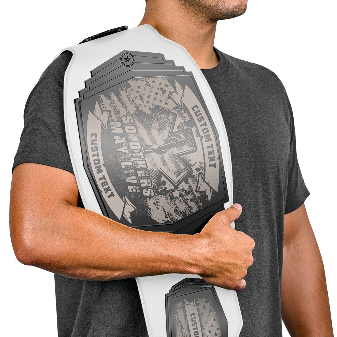 EMS engraved championship belt in gunmetal gray with a red emblem