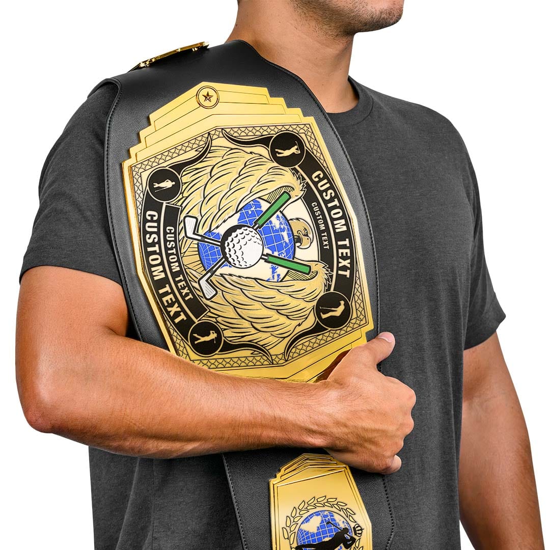 Golf championship belt with a gold theme and intricate designs