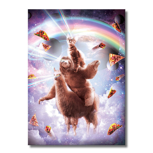 TrophySmack Laser Eyes Space Cat Riding Sloth Llama Rainbow - Metal Wall Art
