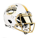 White football helmet with gold faceguard and a "Champion" decal on the side.