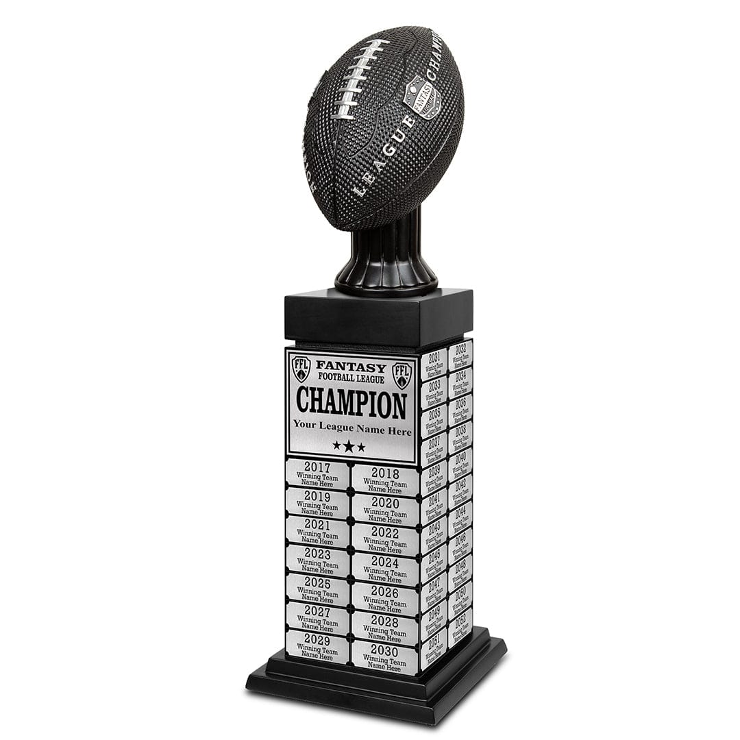 Fantasy football championship trophy with customizable text on a white background
