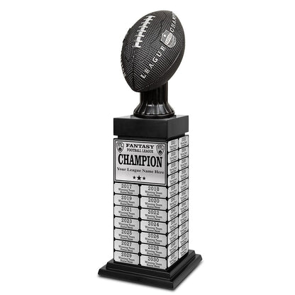 Fantasy football championship trophy with customizable text on a white background